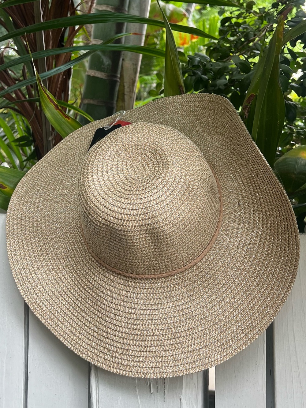 Sparkly Sun Hat with Metallic Weave - Beige - Sparkly Floppy Hat, Resortwear
